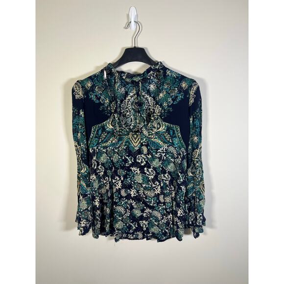 Free People Lady Luck Printed Long Sleeve Paisley Boho Blouse Size XS Whimsical - Picture 7 of 9